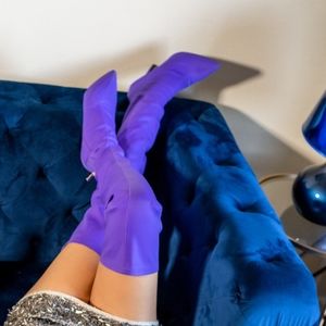 Purple Satin pull on sock style heel boots